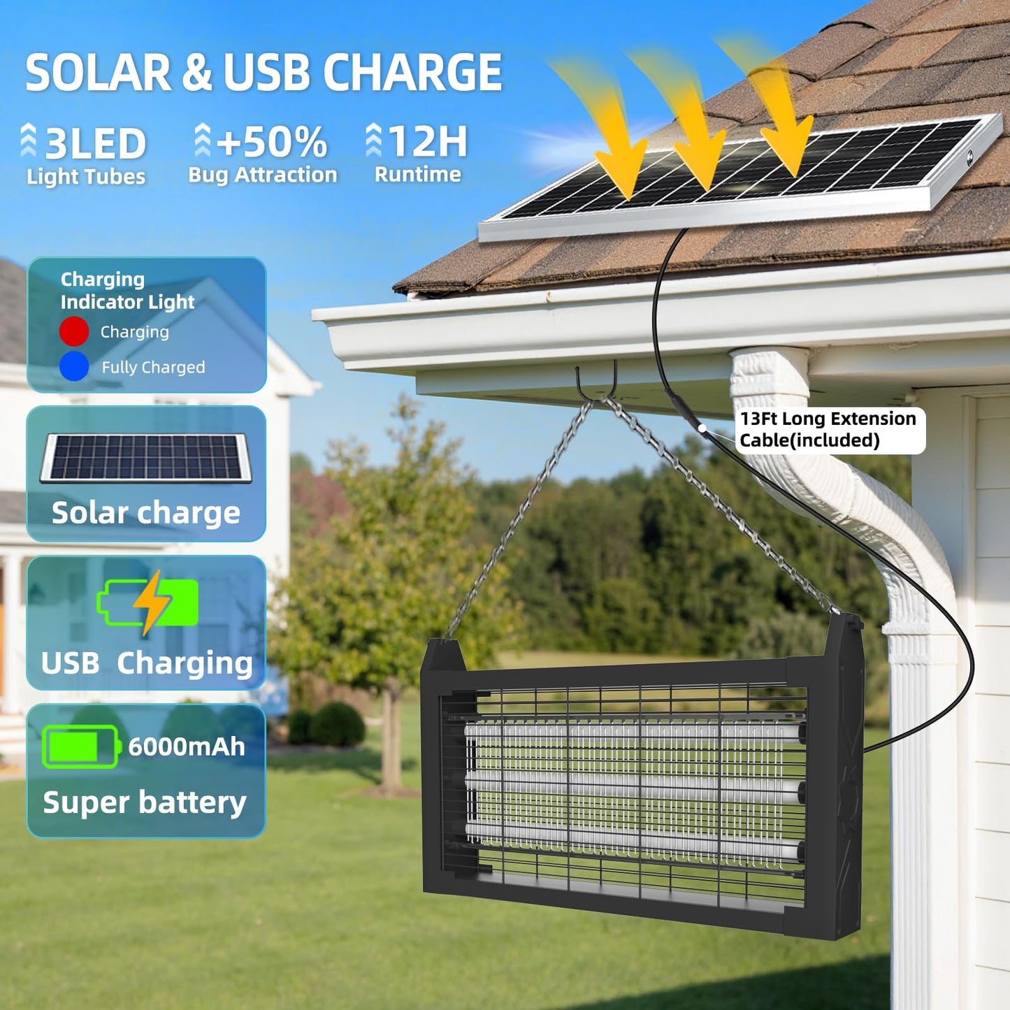 Solar Bug Zapper Outdoor for 3000 sq.ft, Waterproof Mosquito Zapper, Rechargeable Fly Zapper with 3 LED Tube,Cordless Solar Mosquito Killer for Patio Yard Garden Camping with 13W Solar Panel (9023B)