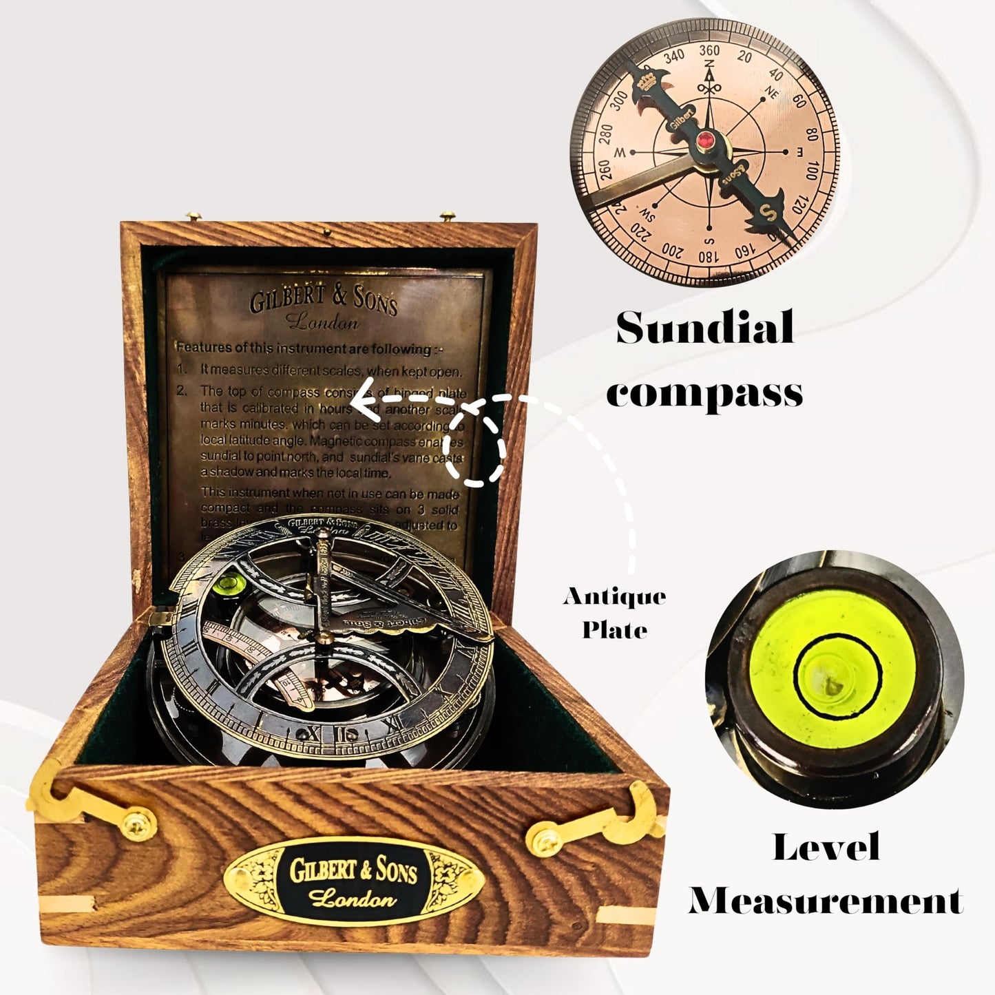 ANTIQUANA Brass Sundial - 5 inches Large Sundial Compass in Rosewood Case Top Grade Calibrated Vintage Gift