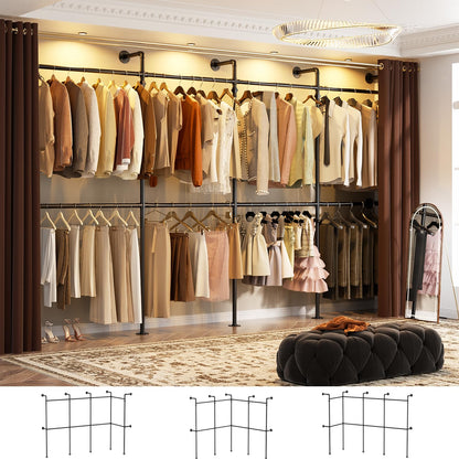 Aheaplus Industrial Pipe Clothing Rack, Reversible 13FT Clothes Rack for Hanging Clothes, Heavy Duty Garment Racks, Wall Mounted Closet Wardrobe, Corner L Shaped Walk-in Closet System, Black