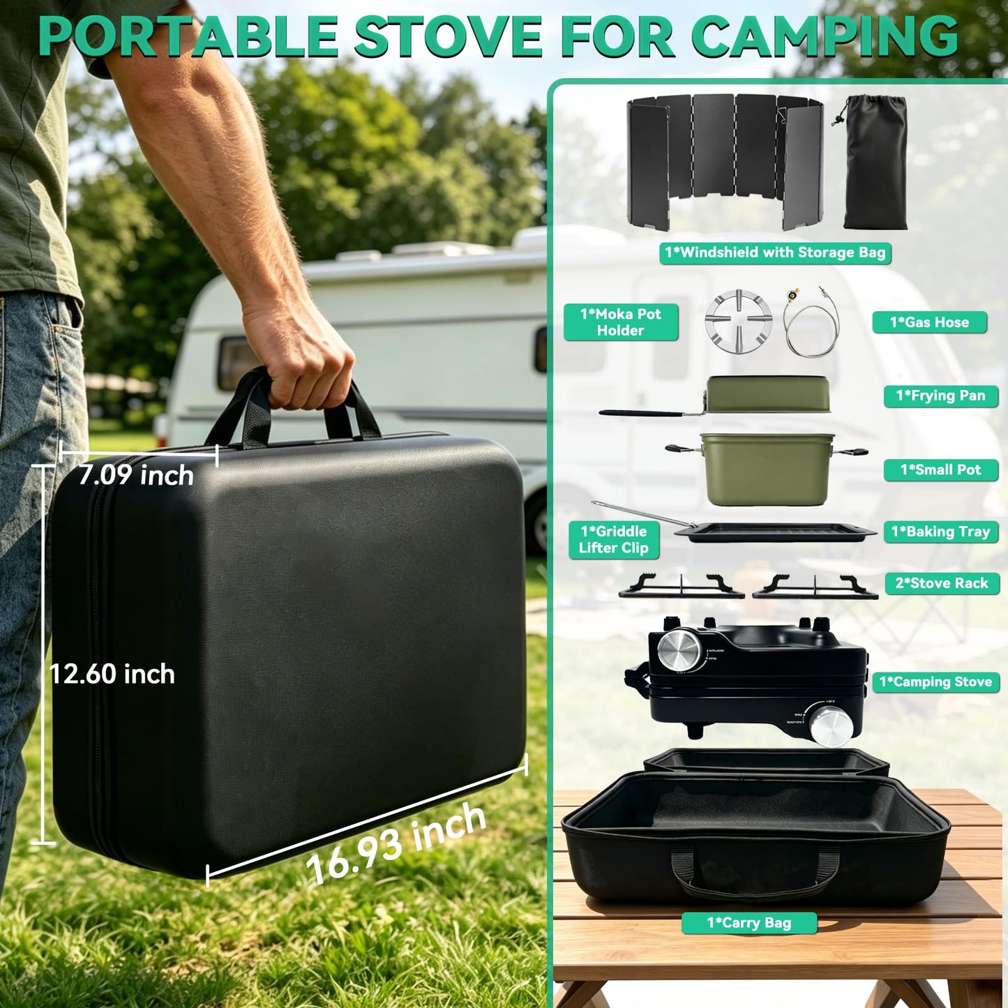2 Burner Camping Stove 24000 BTU, Portable Propane Camp Stove Set with Frying Pan and Pot, Wind Shield, Griddle, Adjustable Dual Gas Stoves Camping Cooking Kit For RV, Tailgating, Survival, Black