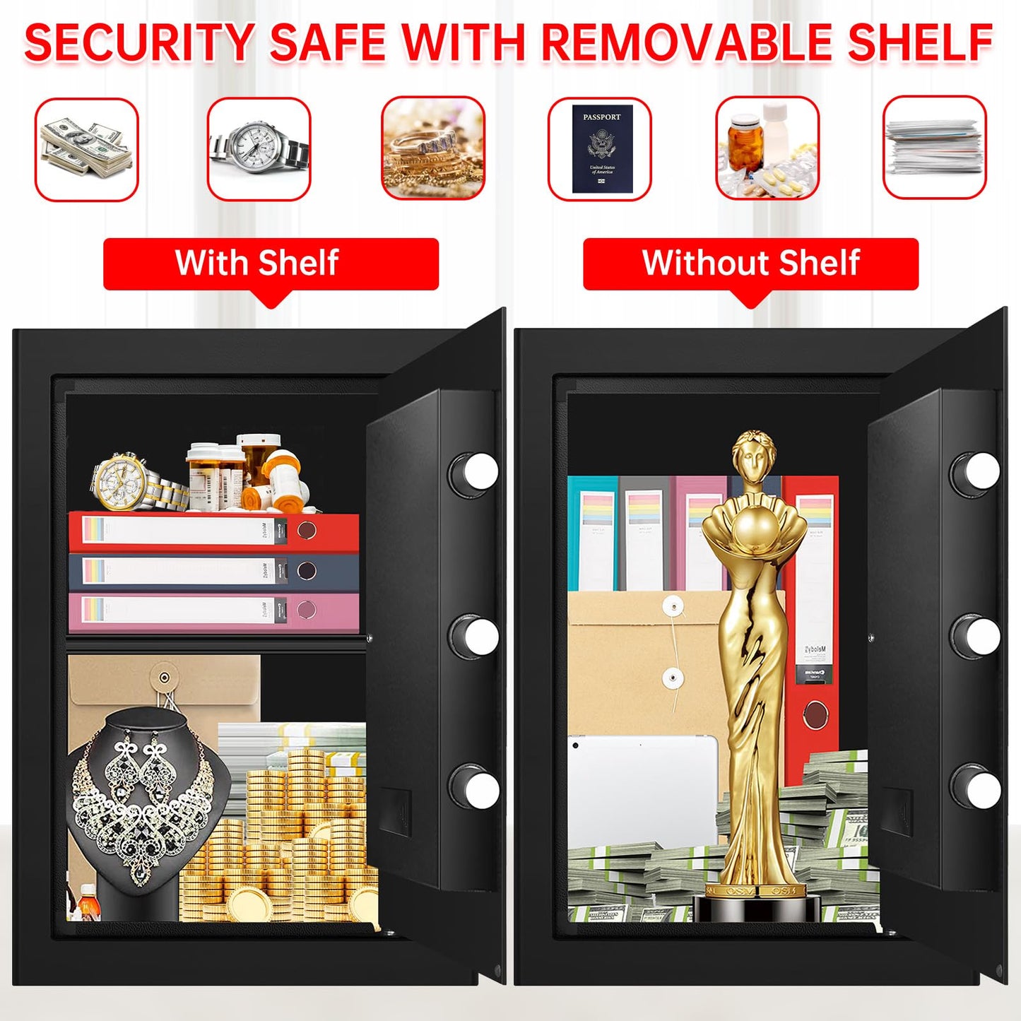 3.4 Cubic Home Safe Fireproof Waterproof, Fire Safe Box for Home with Digital Keypad, Key Lock and Alarm System, Anti-theft Security Safes Water and Fireproof for Document Medicine Money Valuables