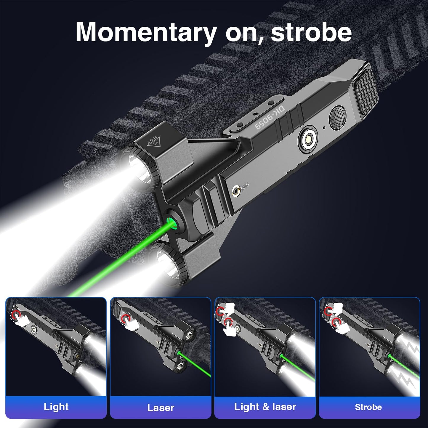 DARKFANG 1450 Lumen Tactical Flashlight with Green Laser Beam Combo, Low Profile Design Rechargeable Weapon Light for Picatinny Rail