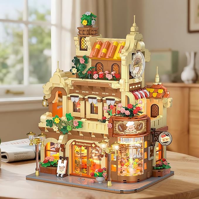 Flower Bakery Coffee House Building Set with Lights City Cafe Baking House Display Model Toy 1289 PCS Modular Construction Building Blocks Kit Home Decor Gift for Adults Teens Girls 12+