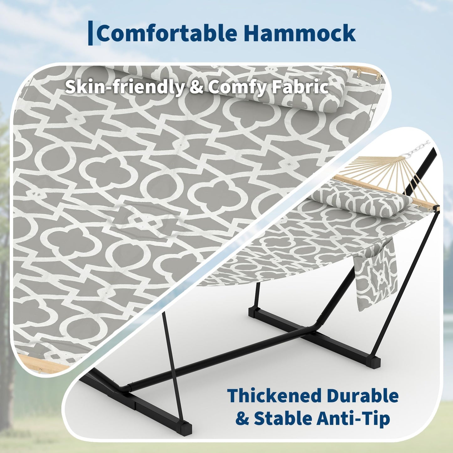 Double Hammock with Stand - Heavy Duty Portable 2 Person Design with Adjustable Steel Stand, Max 450LBS, Ideal for Outdoor Patio, Garden, Beach & Backyard