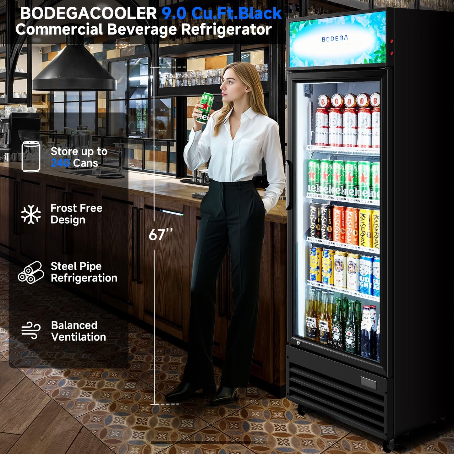 BODEGA BODEGACOOLER 9.0 Cu.Ft Commercial Beverage Refrigerator with Glass Door, Upright Display Merchandiser Fast Cooling Drink Cooler, Digital Thermostat, LED Light – Beat Summer Heat for Game Day.