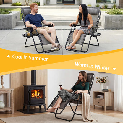 HAPPYMONT Zero Gravity Chair Set of 2, Adjustable Folding Reclining Lounge Chairs with Mesh Back, Adjustable Pillows & Cup Holder Trays, Outdoor Patio Lawn Chairs for Pool, Beach & Camping, Grey