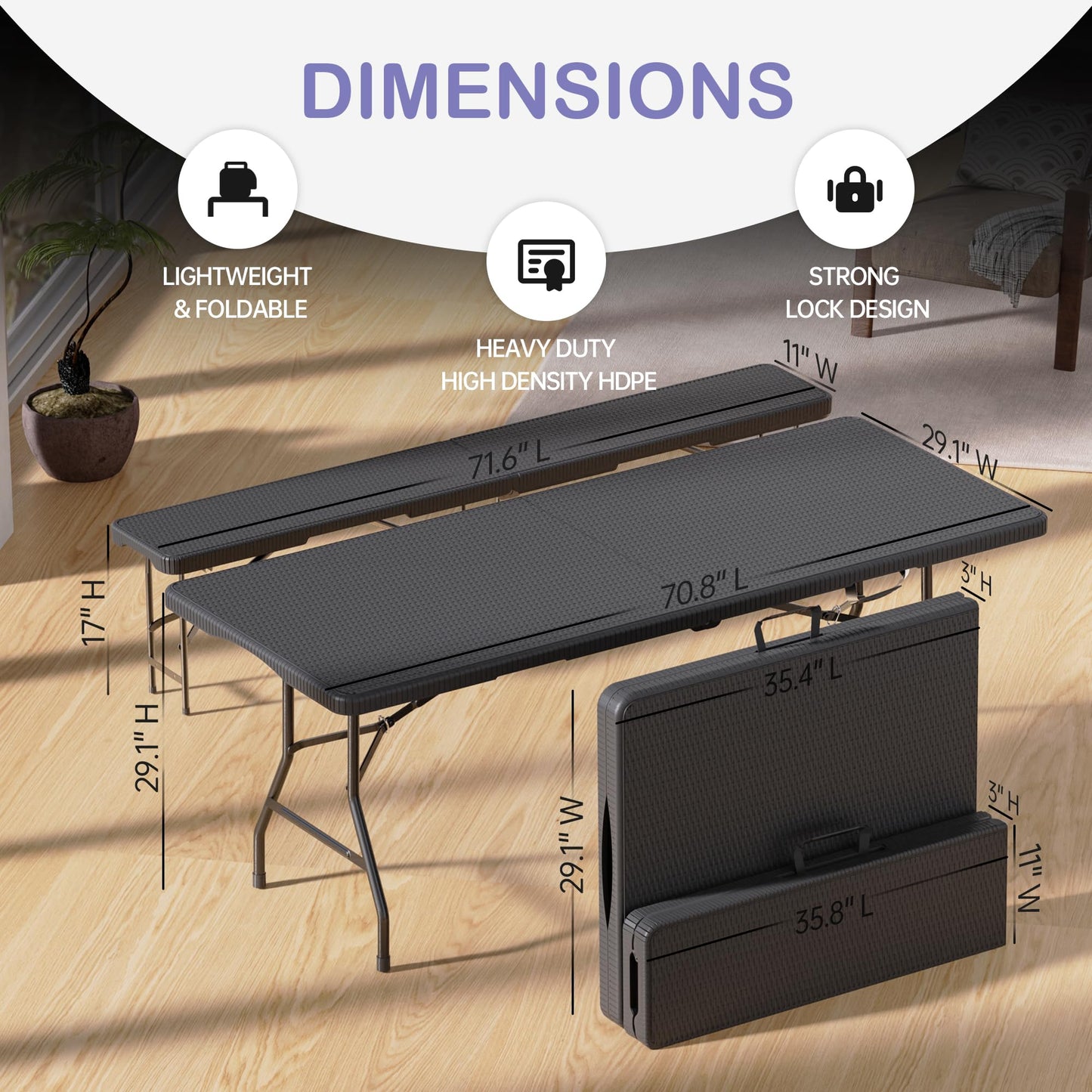 VSOAEIL 6 Foot Folding Picnic Table Set with 2 Benches, Camping Table Chair Set, HDPE Rattan Pattern Top, 3-Piece Portable Indoor Outdoor Furniture with Safety Locks & Handle for Party Camping, Black