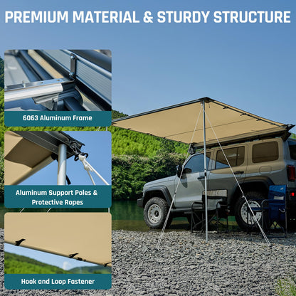 Vehicle Awning 8.2'×8.2' Roof Rack Pull-Out Sun Shade with UV Protection and Waterproof PU1000mm, Retractable Easy Up Camper Awning, Jeep/SUV/Truck/Van/RV Awning for Camping and Overland
