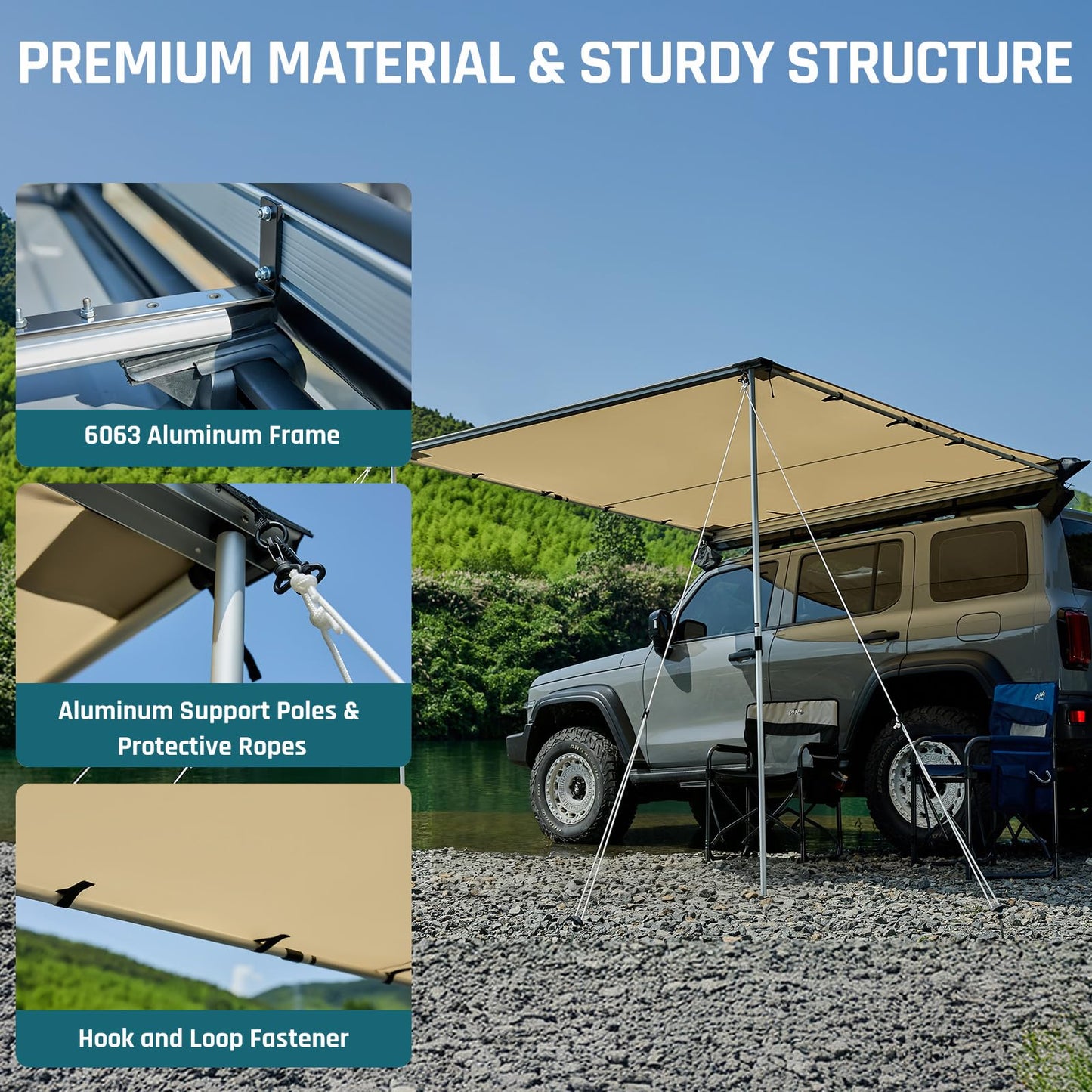 Vehicle Awning 8.2'×8.2' Roof Rack Pull-Out Sun Shade with UV Protection and Waterproof PU1000mm, Retractable Easy Up Camper Awning, Jeep/SUV/Truck/Van/RV Awning for Camping and Overland