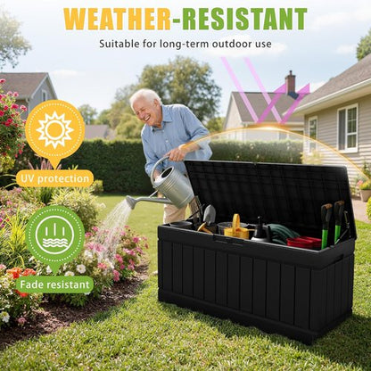 Greesum 82 Gallon Outdoor Storage Box - Waterproof & UV Resistant Bin for Patio Furniture | Black