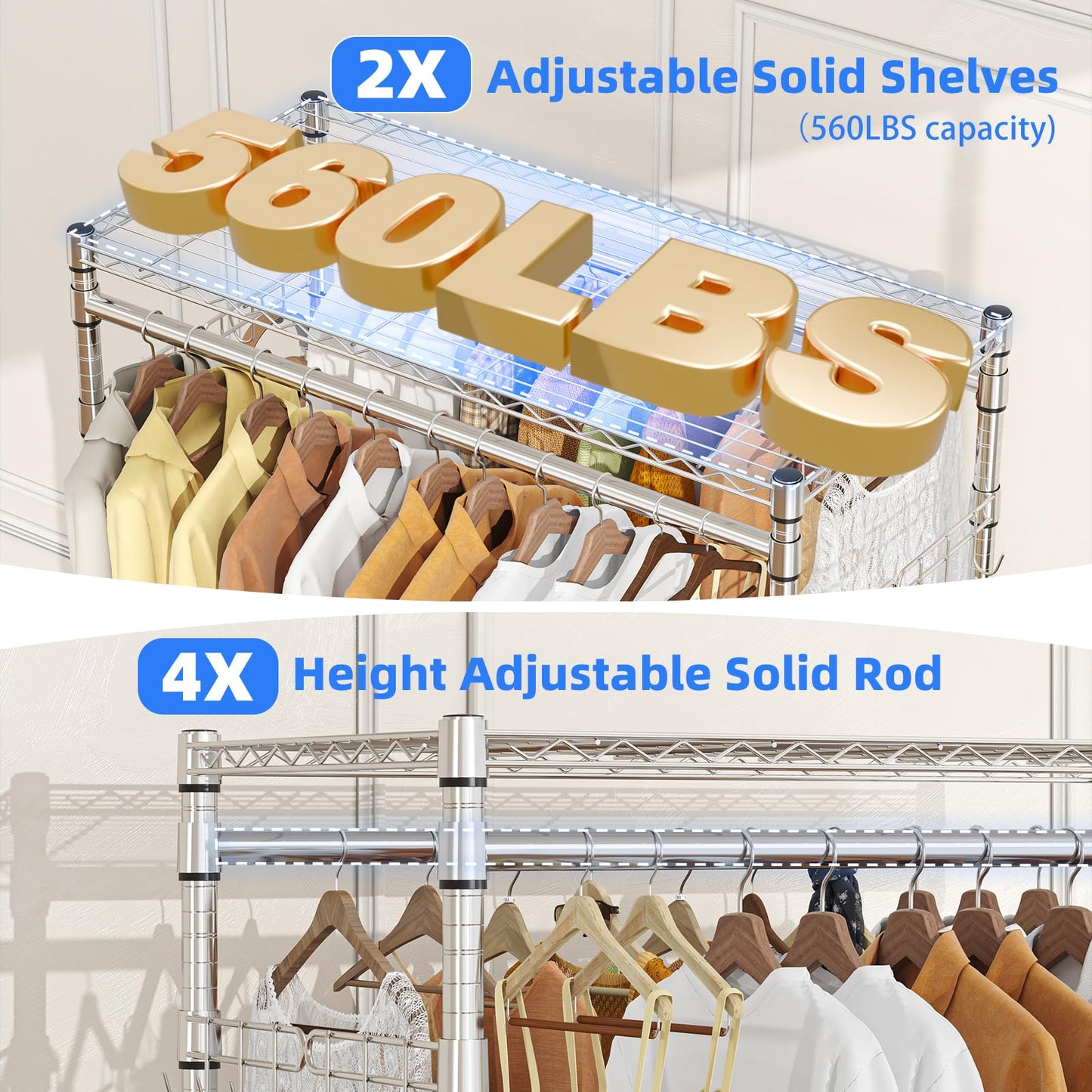 Simple Trending Heavy Duty Clothes Rack Clothing Rack with Wheels and 4 Hanging Rods, Adjustable Rolling Garment Racks, Load 560 LBS, Chrome