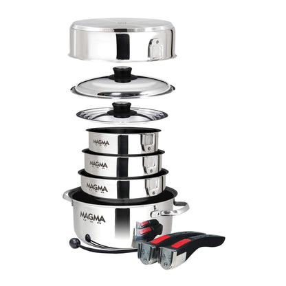 Magma 10 Piece Gourmet Nesting Stainless Steel Cookware Set with Ceramica Non-Stick, Induction Compatible, Oven Safe to 500°F - Suitable for All Stovetops, Removable Handles, Silver
