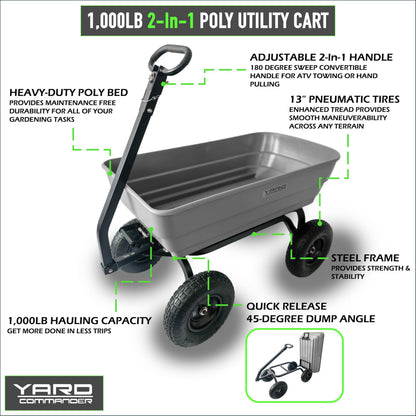 Yard Commander - 1000 lb Poly Dump Cart, Heavy Duty Towable Garden Utility Cart with 6 Cu. Ft. Dump Bed, 13-Inch Pneumatic All-Terrain Tires, 2-in-1 Handle, Tow-Behind ATV & Lawn Tractor Cart