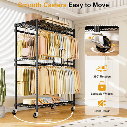 ULIFHOME P4 Plus Rolling Clothes Rack Heavy Duty, Clothing Racks for Hanging Clothes, Free Standing Garment Racks with Wheels, Portable Closet Rack 45''W × 20.5''D × 80.5''H, Max Load 570 Lbs, Black