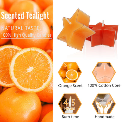 Tea Lights Gradation Orange Star Tea Candles Set of 12 – Tealight Candles with Citrus Scent, Long Burning Handmade Tealights for Wedding Meditation Home Decor Gift