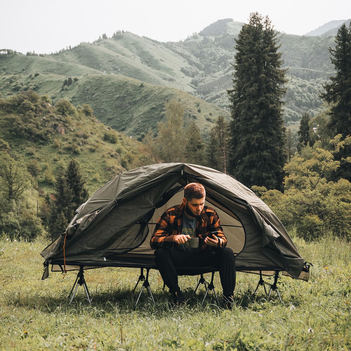 Night Cat Camping Cot Tent - Waterproof 1-Person Off-Ground Combo Cot Bed for Adults Portable Easy Set-up Tent Green 27.5'' Width