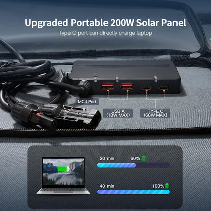 Upgraded 200W Portable Solar Panel for Power Station Generator, 18V Foldable Waterproof IP65 Solar Cell Charger with Adjustable Kickstand and MC-4 Cable for Laptop Outdoor Camping Boat Lawn RV Trip
