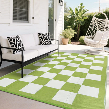 Garvee Outdoor Plastic Straw Rug 9x18 Waterproof UV Resistant Patio Camping Rug Modern Checkered Large Foldable Floor Mat for Camping, Picnic, Backyard, RV, Beach, Picnic, Deck, Green/White
