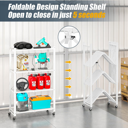 4 Tier Shelf Foldable Storage Shelf w/360° Movement Wheels, No Assemble Shelving Storage, Heavy Duty Folding Shelves, Garage Shelf Storage Organizer for Laundry, Kitchen, Utility Room(White, 4Tier)