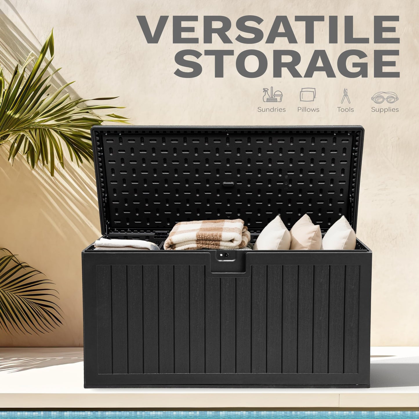 DWVO 180 Gallon Resin Outdoor Storage Box, XXL Double-Wall Waterproof Deck Box, Doubles as Table or Seating with 1000 lbs Capacity, Lockable (Black)