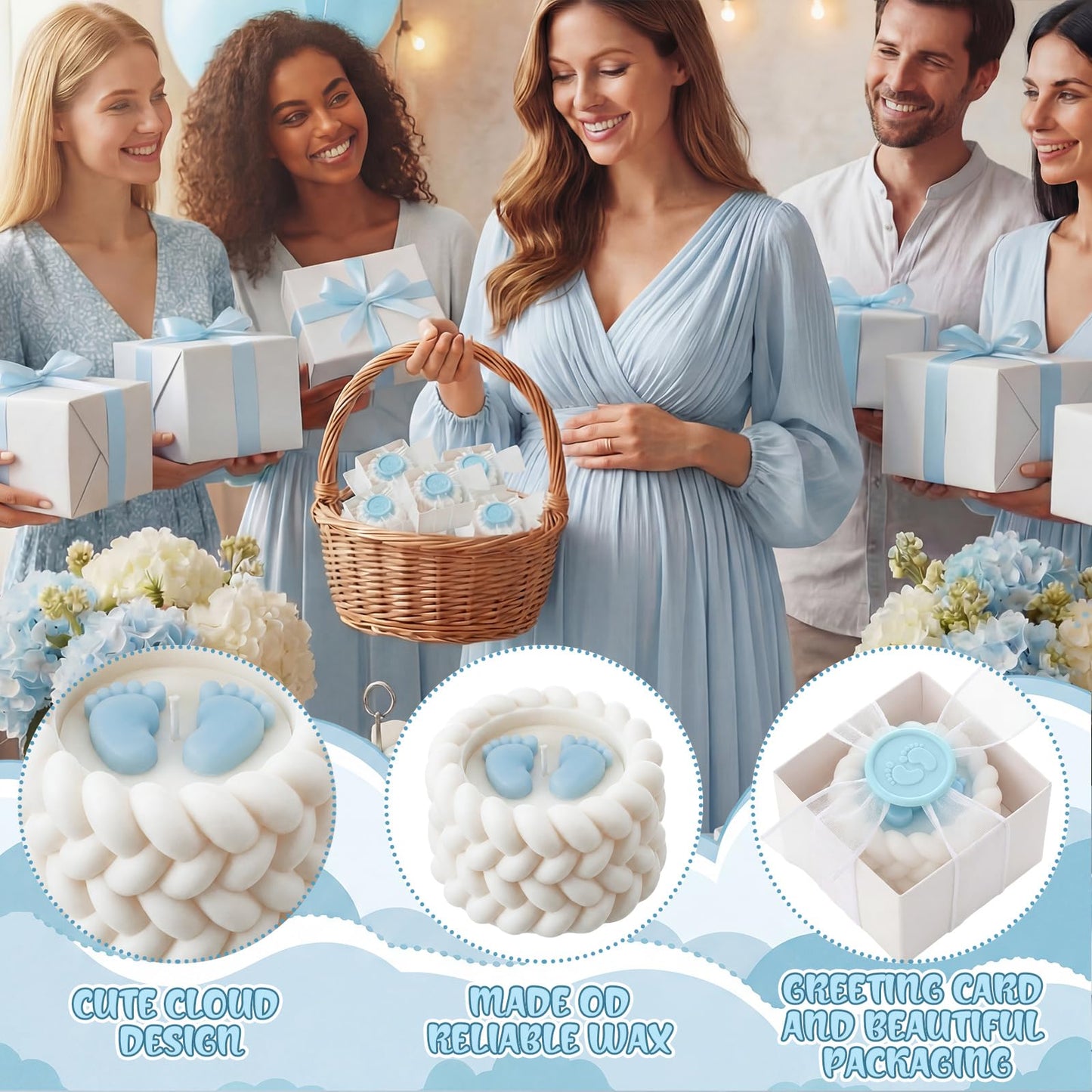 MTLEE 24 Pcs Baby Shower Candle Party Favors for Guests Blue Footprints Scented Candles with Bow Gift Box Ribbon Cute Feet Shaped Return Gifts Keepsakes for Baby Shower Gender Reveal Party Supplies