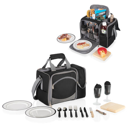PICNIC TIME Malibu Picnic Basket Cooler, Full Service Lunch Bag for 2, Easy Carry Modern Cooler Bag, Water-Resistant Insulated Lunchbag with Shoulder Strap, (Heathered Gray with Black Accents)