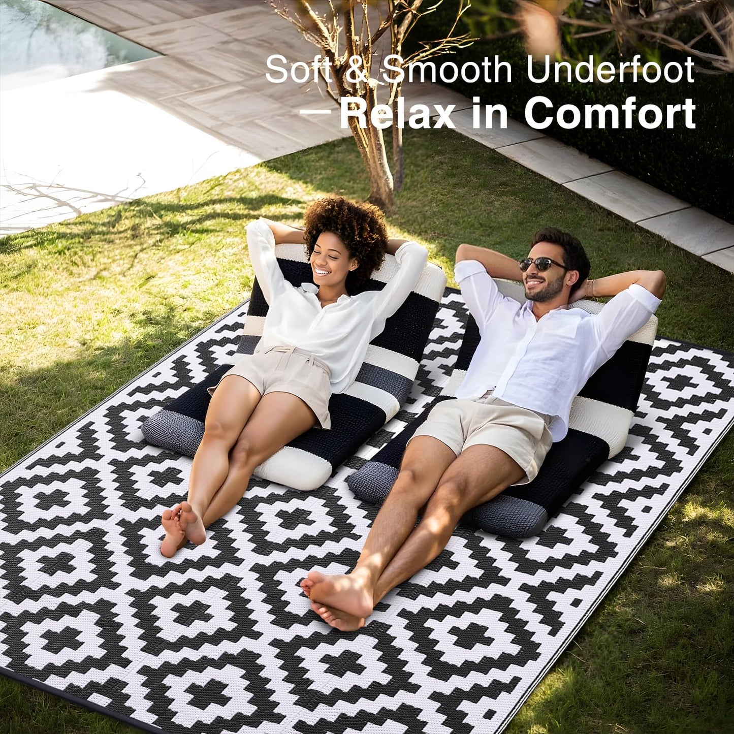 OLANLY Waterproof Outdoor Rug 9x18 ft, Outdoor Plastic Straw Rug for Camping, RV Mat Outside, Indoor Outdoor Carpet for Porch, Deck, Backyard, Balcony, Picnic, Black & White