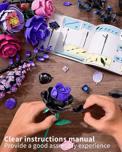 Flowers Bouquet Building Set - Purple Roses Botanical Collection Building Blocks for Adult Women Artificial Flowers Gothic Home Decor Mother's Day Birthday Gift for Adults Kids Girls 6-12 (806PCS)