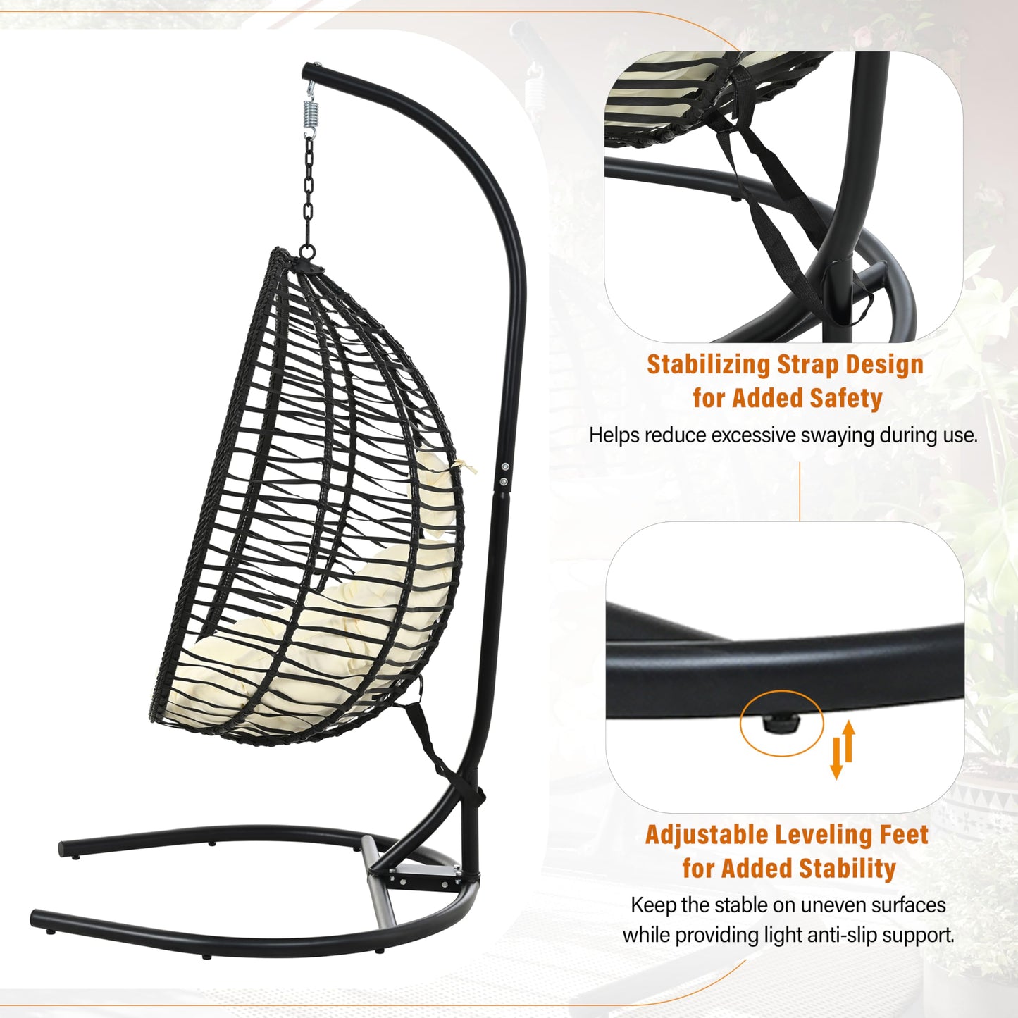 Merax Indoor Outdoor Hanging Hammock Chair with Stand, Foldable Rattan Egg Swing Chair with Iron Frame and Plush Cushion & Removable Headrest,Suitable for Porch Garden,Balcony,Indoor, Black+Beige