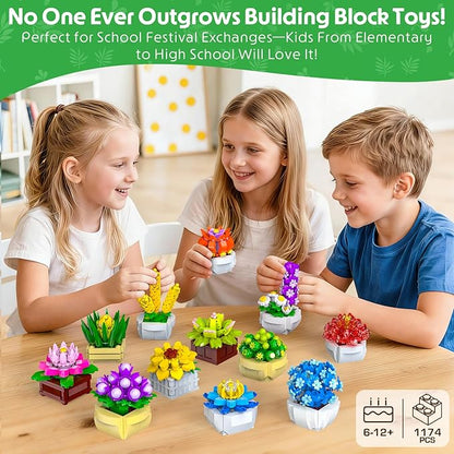 12 Succulents Building Set for Adults &amp Kids 10+ – Botanical Collection Artificial Plants with Pots Easter Birthday for Women Home Office Decor Relaxing DIY Kit(1174 PCS)
