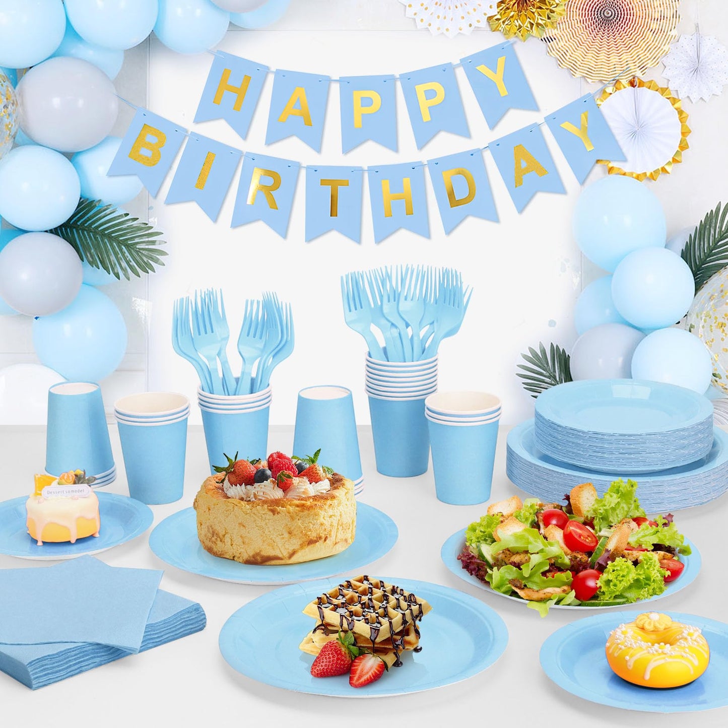 CENLBJ Light Blue Paper Plates and Napkins Party Supplies, Include 9’’Disposable Blue Plate, 7’’Dessert Plates Cups Napkins Forks for Baby Shower, Wedding, Birthday Decorations, Serves 25