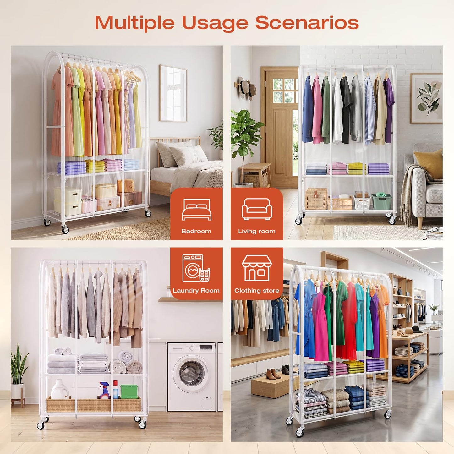 Univivi Clothes Rack with Clear Dust Cover, 2-in-1 Heavy-Duty Clothing Rack with Bottom Storage Shelf, Tool-Free Quick Assembly Portable Closet Rack for Hanging Clothes and Bedroom Closet Organization