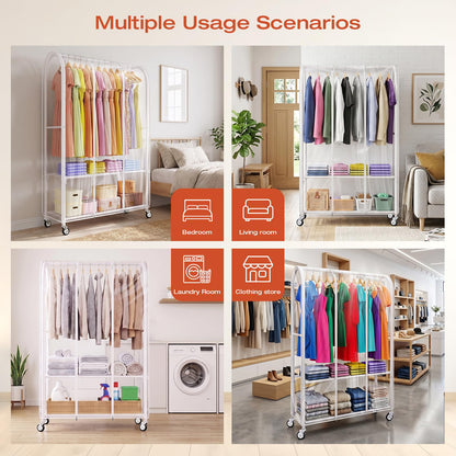 Univivi Clothes Rack with Clear Dust Cover, 2-in-1 Heavy-Duty Clothing Rack with Bottom Storage Shelf, Tool-Free Quick Assembly Portable Closet Rack for Hanging Clothes and Bedroom Closet Organization