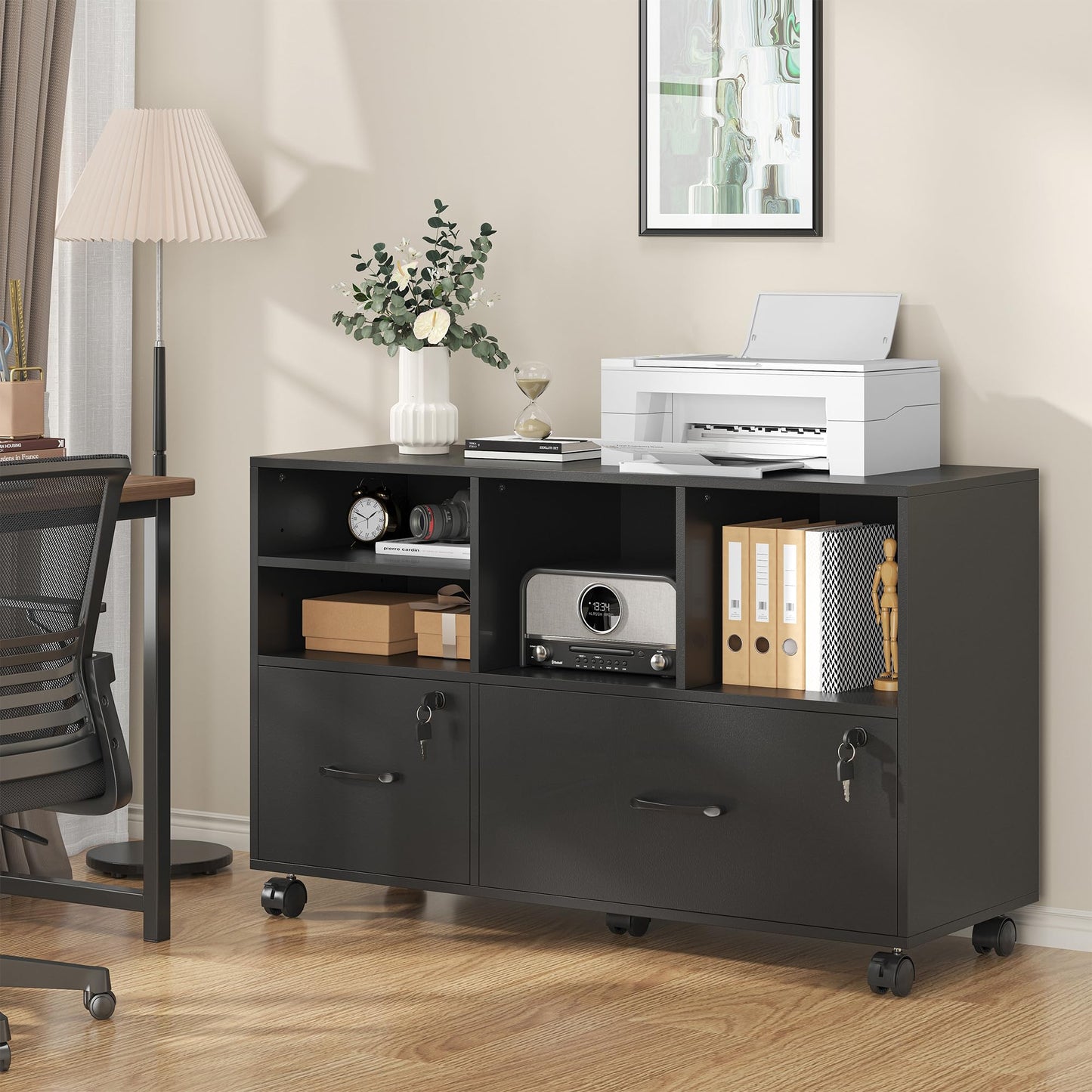 kepptory 2 Drawer Wood Mobile Large Lateral File Cabinet, Lockable Rolling Filing Cabinet with Storage Shelves, Printer Stand Office Storage Cabinet for Home Office Fits Files Legal/A4, Black