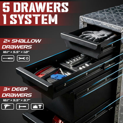 OLY-PRO Truck Bed Tool Box with 5-Drawer Slides | Lockable Heavy-Duty Tool Chest Storage for Pickup, Jobsite & Side Trucks | 8-Inch Toolbox with Key (Silver Aluminum)