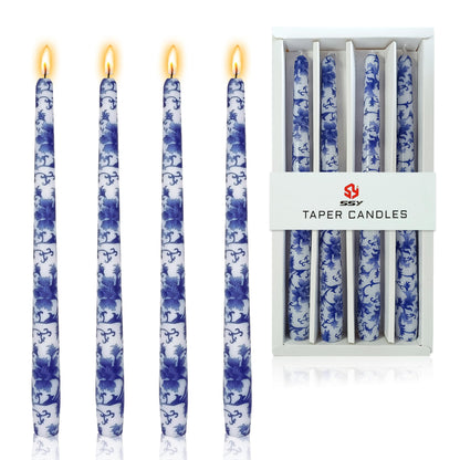 Blue and White Porcelain Taper Candlesticks 10 in Print Taper Candles Unscented Smokeless Handmade Printing Candle Tall Tapered Candle Sticks for Home Dinner Wedding Decor Simple Modern, 4 Pack