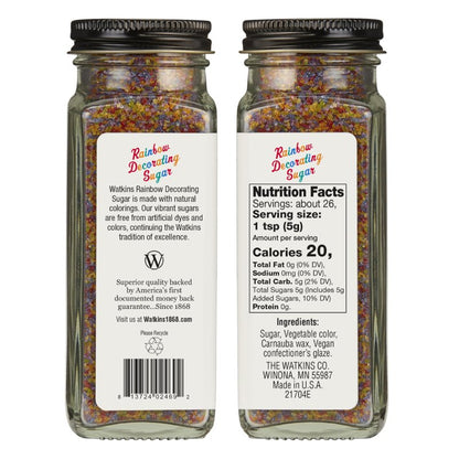Watkins Rainbow Decorating Sugar (No Artificial Dyes), Non-GMO, Kosher, 4.6 Ounce, 1-Pack