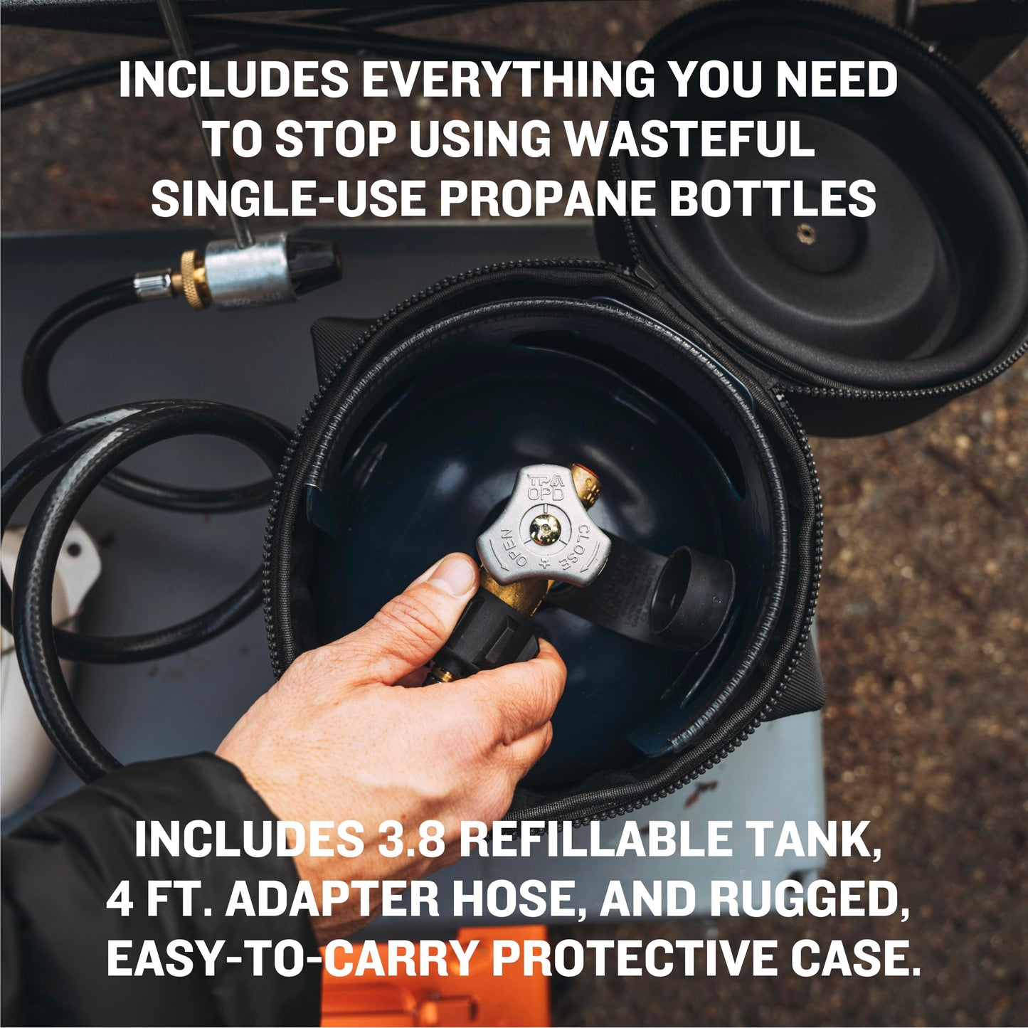 Ignik Refillable Gas Growler Deluxe 3.8-Pound Empty Propane Tank with Carry Case and Adapter Hose, Black Case/Blue Tank