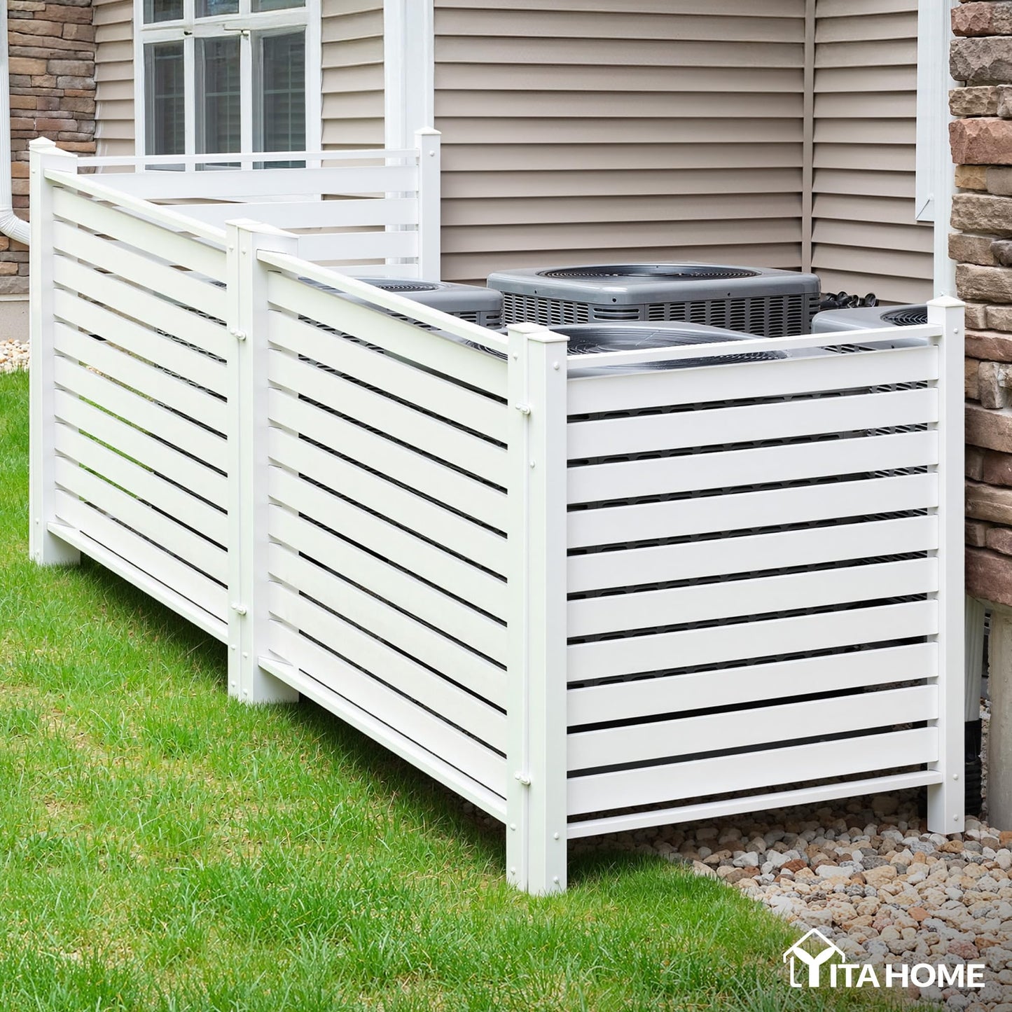 YITAHOME 44" W X 44" H Air Conditioner Fence Privacy Screen with Metal Stakes, Outdoor Trash Can Enclosure, Vinyl Pool Equipment Enclosure (2 Panels)