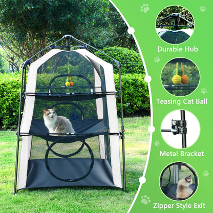 CypherX Extra Large Catio Outdoor Cat Enclosure, 3-Tier Cat Tents with Tunnels for Indoor Cats/Pop Up Cube, Cat Tower Playpen with 2 Tunnels and Tents, Portable Pet Playhouse for Outside, Patio(Grey)