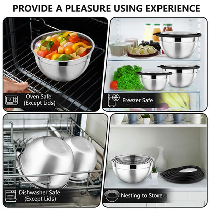 P&P CHEF Mixing Bowl with Lid Set of 7, Stainless Steel Nesting Salad Bowls for Cooking Serving Prepping, Clear Lids & Stackable Design, Size 4.6, 3.5, 3, 2, 1.5, 1, 0.7 Qt - Black
