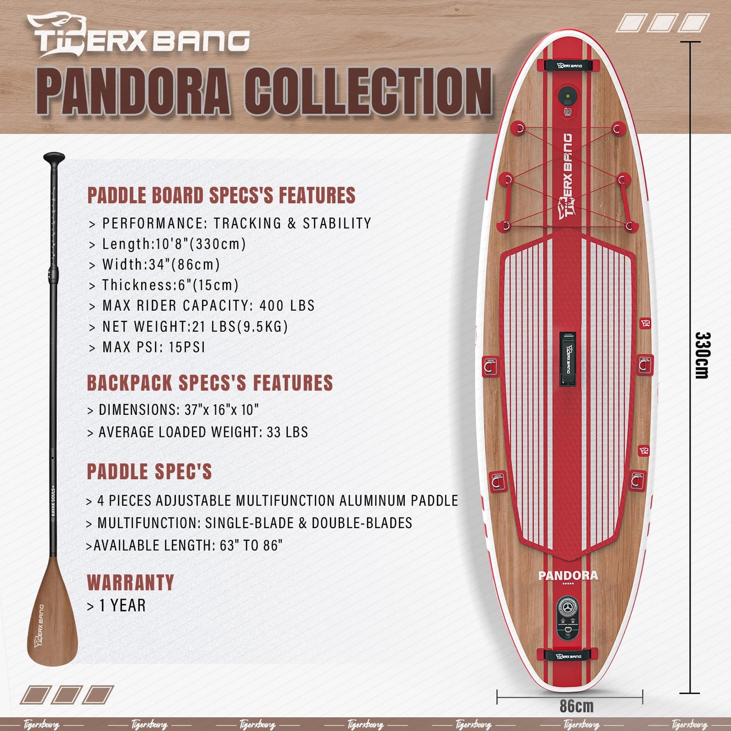 TIGERXBANG Paddle Board, 10.8' Stand Up Paddle Board with Premium Complete Inflatable SUP Accessories, Extra Wide Paddleboards for Adults & Youth-Pandora Collection Chili Red