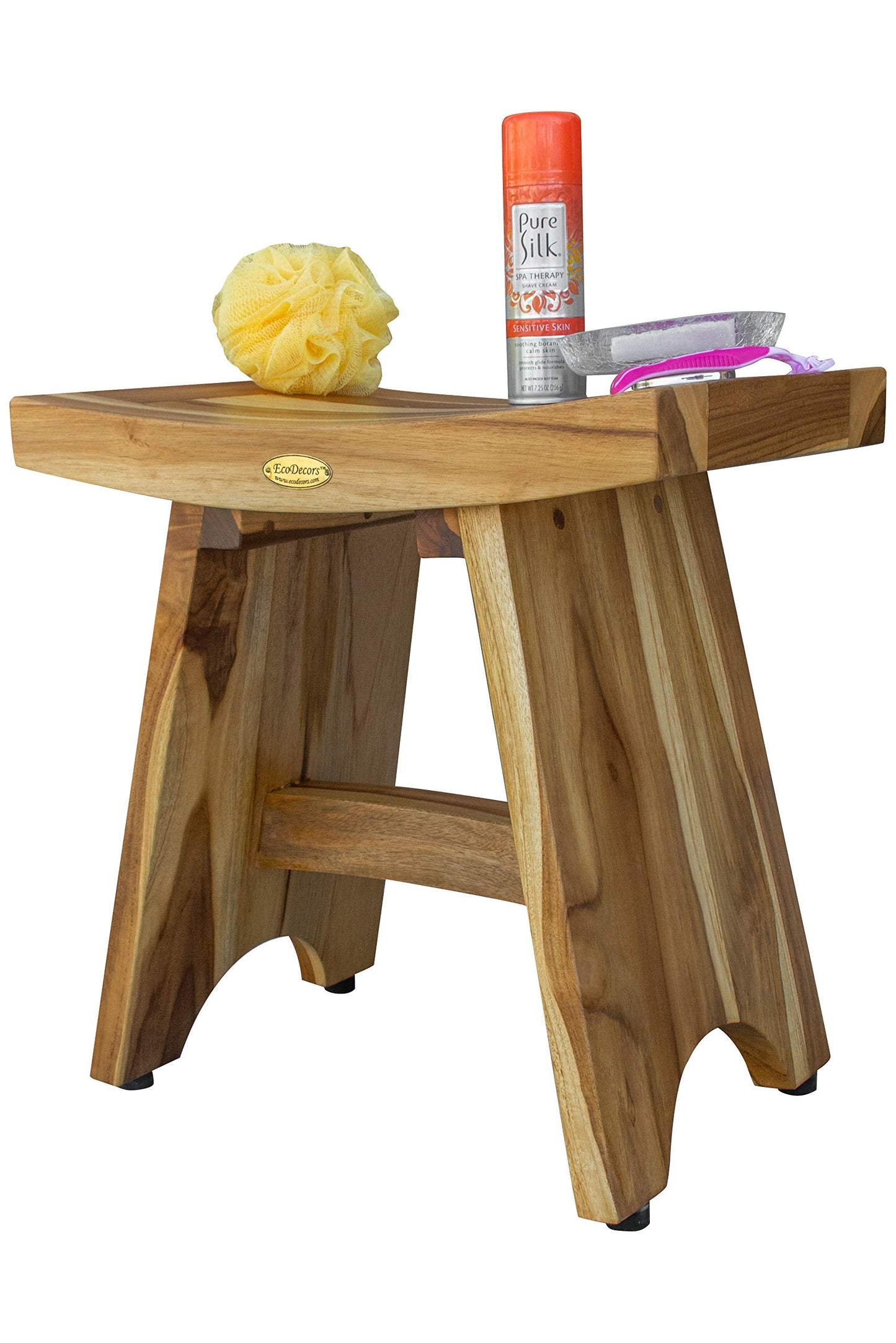 EcoDecors Teak Shower Bench 18", 300 lb Capacity – Waterproof Teak Bath Seat for Adults - Compact Spa Stool for Small Bathrooms & Walk-in Showers with Slip-Resistant Feet