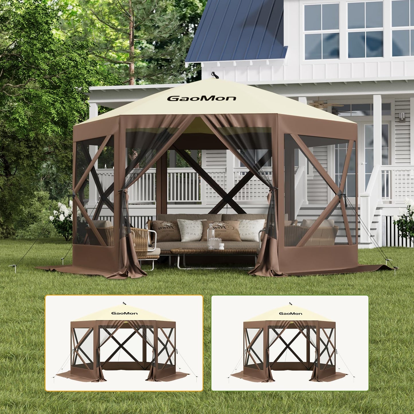 GAOMON 12x12ft Camping Gazebo, Portable Pop Up Canopy Screen Tent 6 Sided with Mesh Windows and Carry Bag for Camping, Outdoor, Picnic, Backyard Party Outside Activities, Gray