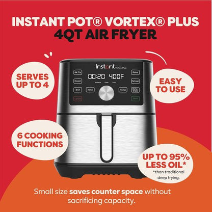 Instant Pot 4QT Vortex Plus Mini Air Fryer - 6-in-1 Versatility with Custom Programs & 100+ Recipes, Stainless Steel