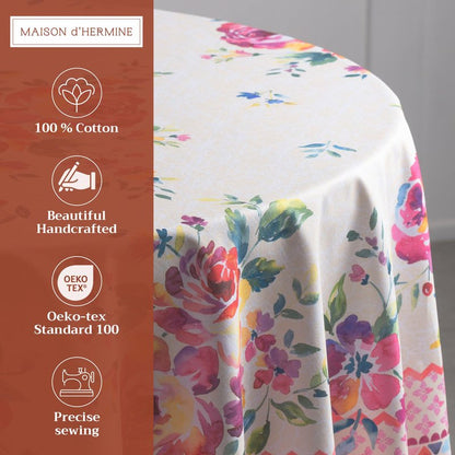 Maison d' Hermine Table Cloth Round Table 100% Cotton 63 Round Inches Tablecloth Reusable Decorative for Dining Kitchen Room Farmhouse Home Gifts for Mothers Day Spring Summer - Rose Garden