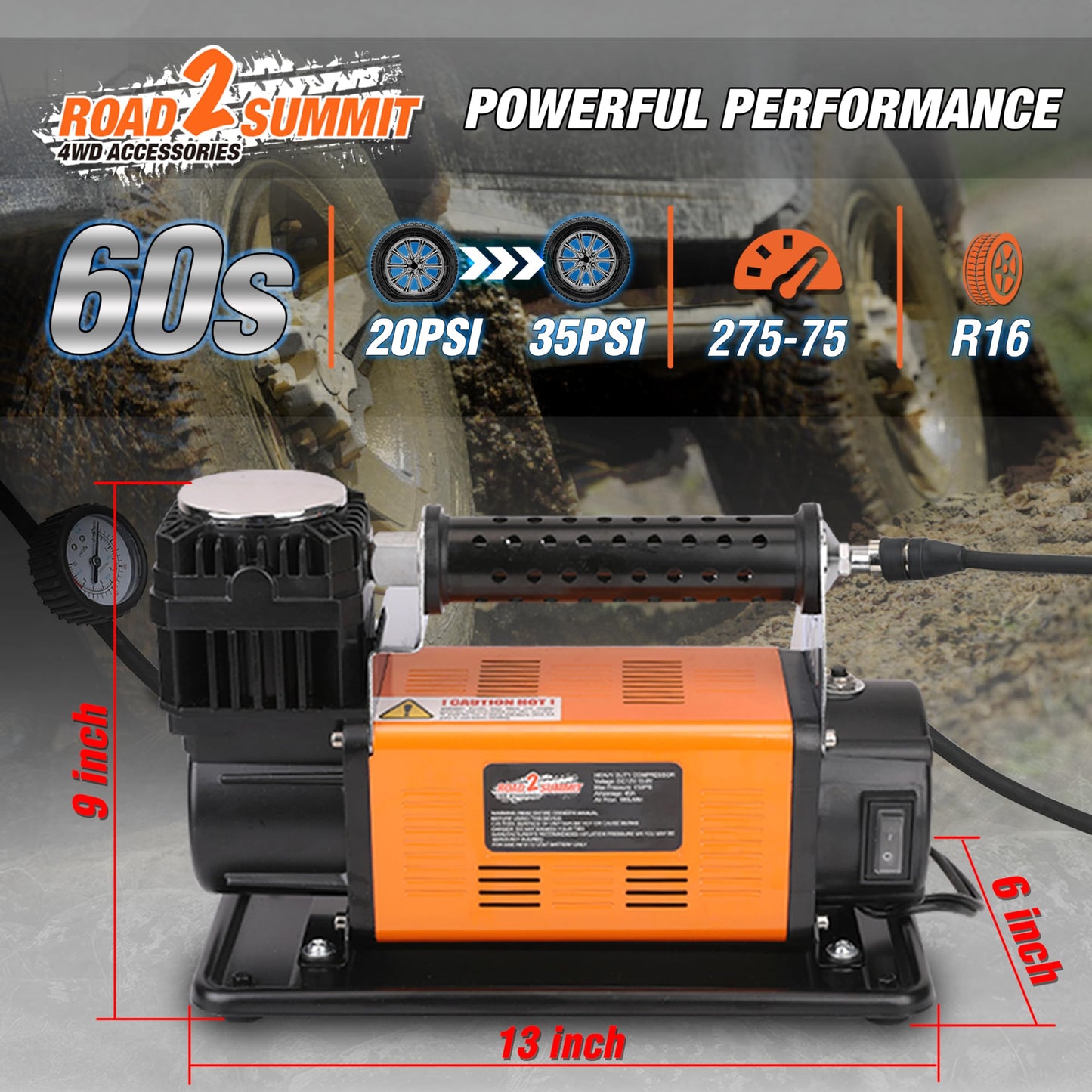 ROAD2SUMMIT Heavy Duty Portable 12V Air Compressor Kit Inflate 6.35CFM (180L/ Min), Max 150PSI, Off-Road Air Compressor Kit for 4x4 Vehicle RV, Air Pump for ATVS Tire, for Car and SUV Tire