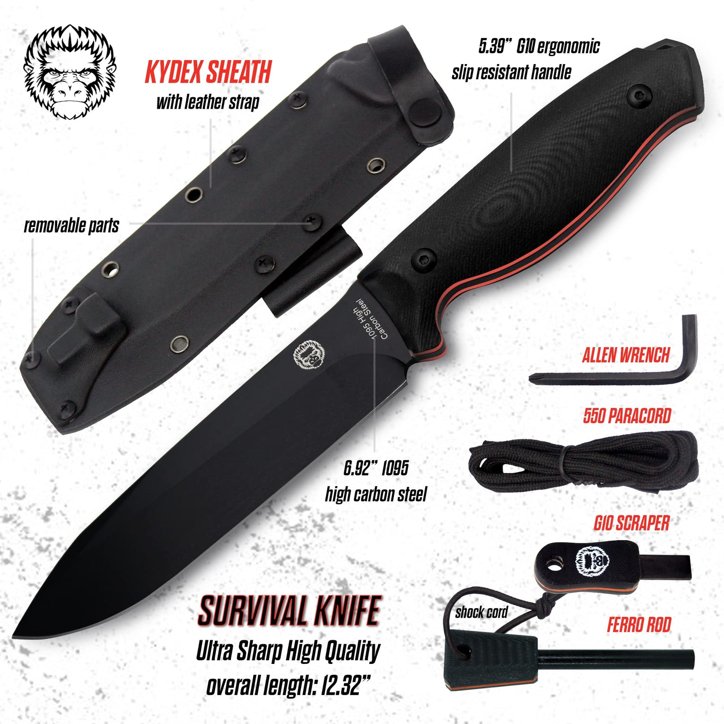 Holtzman's Gorilla Survival Fireline Fixed Blade Survival & Bushcraft Knife with Sheath, Fire Starter, Scraper & Paracord (Orange)
