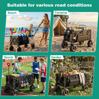 SUNNYFEEL Beach Wagon with Big Wheels for Sand, 550LBS Heavy Duty, 300L Foldable Beach Cart with 9" Balloon Wheels, Collapsible Wagon Cart with Adjustable Handle for Camping, Garden, Outdoor, Black