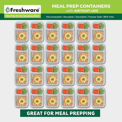 Freshware Meal Prep Containers - 25 Pack 2-Compartment Bento Boxes | BPA-Free, Stackable, Microwave Safe (28 oz) - Grey